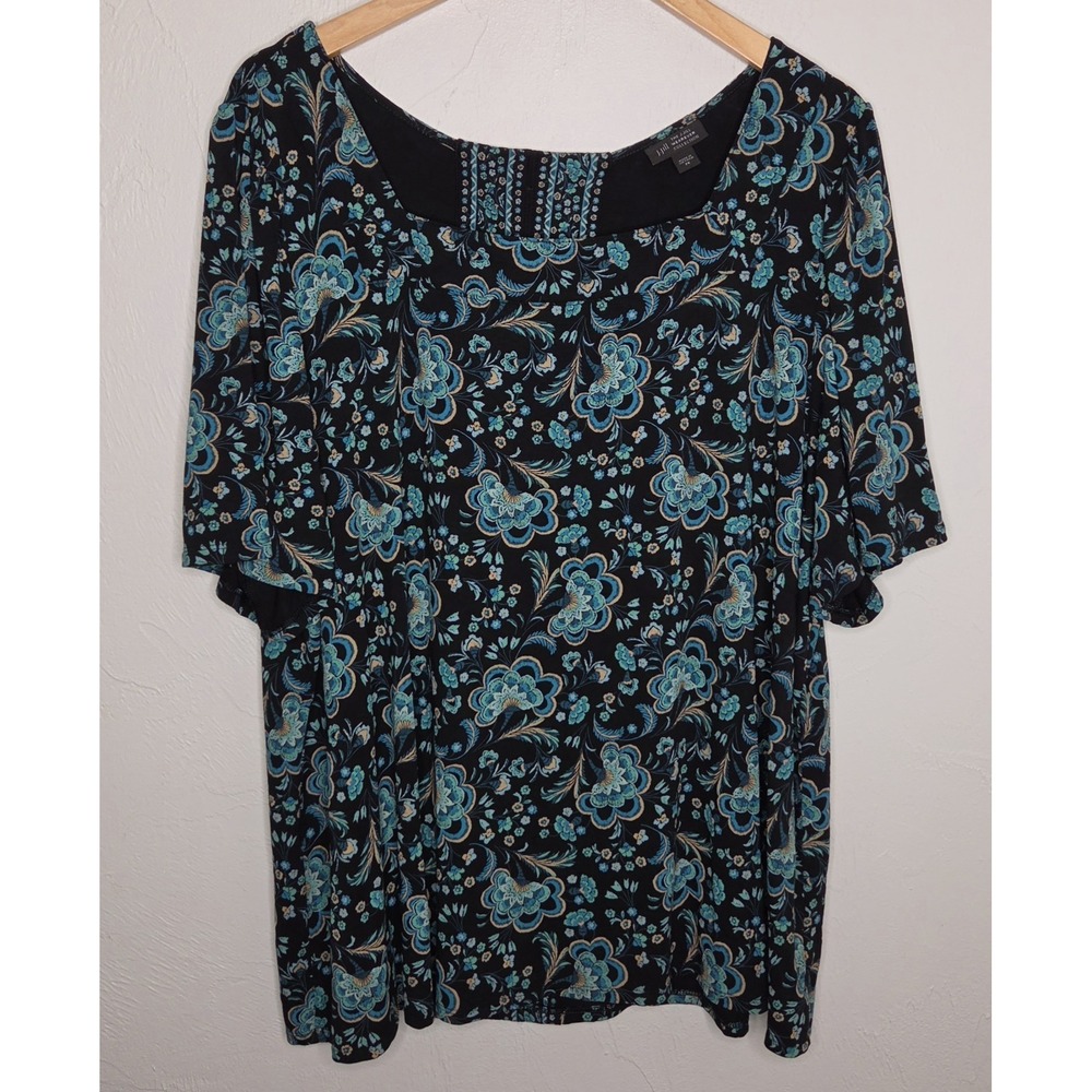 J.Jill Wearever Collection Floral Print Black Blue Top Blouse Women's Size 2X